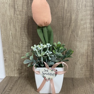 Textil tulipán kaspóban. Korall, Otthon & Életmód, Dekoráció, Asztal és polc dekoráció, Asztaldísz, Varrás, MESKA