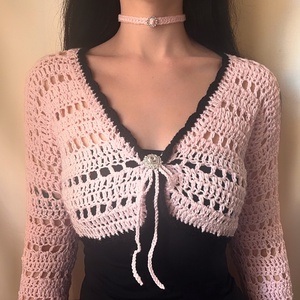 Eden Collection - Horgolt Bolero, rózsaszín, coquette, vintage stílusú, csillogós fonalból, brossal - Meska.hu