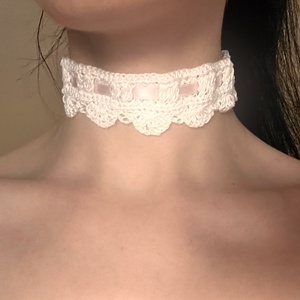 Vintage Choker - horgolt nyakpánt, szatén szalaggal - ékszer - nyaklánc - nyakpánt, gallér - Meska.hu