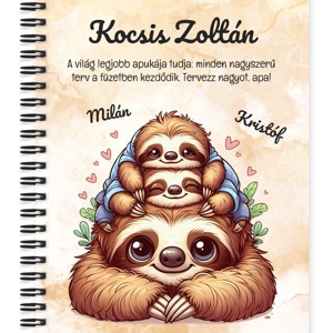 Személyre szabható - Cuki lajhár Apa és két gyerek - Kicsi a rakás mintás A5-ös füzet, Otthon & Életmód, Papír, írószer, Jegyzetfüzet & Napló, , MESKA