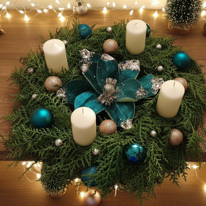 Adventi gyertyás koszorú, Karácsony, Adventi díszek, Adventi koszorú, Virágkötés, Egyedi, kézzel készített asztaldísz.
Kb.35cm átmérőjű, MESKA