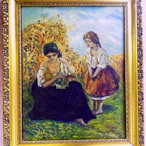 Gyermekét szoptató anya impresszionista stílusú olaj-vászon festmény Németországból, Művészet, Festmény, Olajfestmény, Festészet, MESKA
