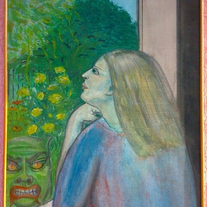 Modern Expresszionista festmény. Sara Godthart: Ablakon kitekintő nő, Művészet, Festmény, Olajfestmény, Festészet, MESKA