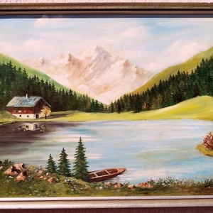 Tiroli tájkép erdei tóval, és házikóval, szignált festmény Ausztriából, Művészet, Festmény, Olajfestmény, Festészet, MESKA