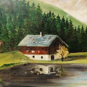 Tiroli tájkép erdei tóval, és házikóval, szignált festmény Ausztriából - művészet - festmény - olajfestmény - Meska.hu
