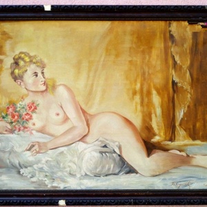 Fekvő akt rózsacsokorral, nagy méretű festmény 1961-ből, Tarapcsik szignóval, Művészet, Festmény, Olajfestmény, Festészet, MESKA