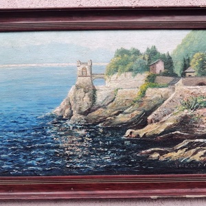 Gropallo Tower Genoa Nervi. Realista fekvő tájkép sziklás tengerparttal, szignálva - művészet - festmény - olajfestmény - Meska.hu