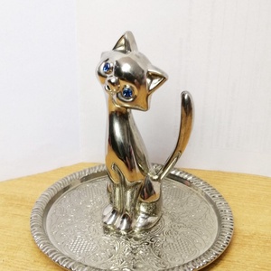 Ezüstözött Art Deco kék kristály szemű cica. Bonbonier fedél - otthon & életmód - dekoráció - dísztárgy - Meska.hu