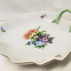 Levél forma, virág mintás aranyozott peremű Herendi porcelán tálca, Otthon & Életmód, Konyhafelszerelés, tálalás, Tálalás, Tálca, Kerámia, MESKA