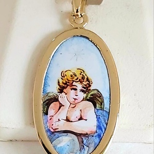 Arany tűzzománc porcelán betétes medál, kézzel festett angyal mintával 585 arany új ékszer 14K, Budapesten átvehető - Meska.hu