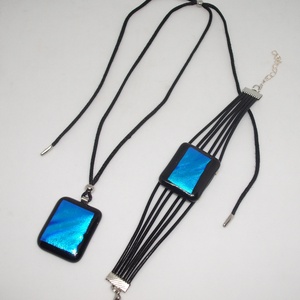 Fekete-türkiz színű üveg medál, karkötővel, Ékszer, Ékszerszett, Ékszerkészítés, Üvegművészet, MESKA