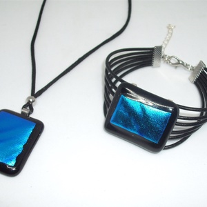 Fekete-türkiz színű üveg medál, karkötővel - ékszer - ékszerszett - Meska.hu