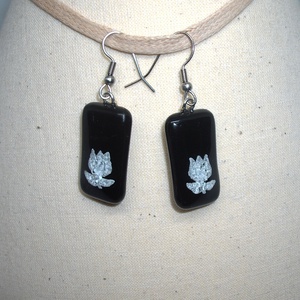 ÜVEG FÜLBEVALÓ, fekete-ezüst, Ékszer, Fülbevaló, Lógó fülbevaló, Ékszerkészítés, Üvegművészet, MESKA