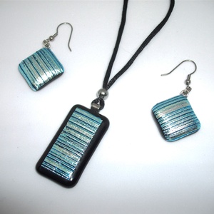 ÜVEGÉKSZER GARNITÚRA, fekete-türkiz színű üvegből, medál+fülbevaló, Ékszer, Ékszerszett, Ékszerkészítés, Üvegművészet, MESKA