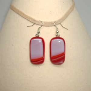 ÜVEG FÜLBEVALÓ, piros-fehér, Ékszer, Fülbevaló, Lógó fülbevaló, Ékszerkészítés, Üvegművészet, MESKA