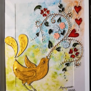 Fülemüle éneke. Tavaszi madárás dekorációs falikép. Népies, magyaros, hagyományőrző üvegfestmény. - otthon & életmód - dekoráció - kép & falikép - Meska.hu