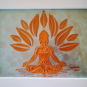 Arany Buddha meditációhoz mandala formában. Szerencse hozó Feng shui dekorációs falikép, üvegfestmény., Művészet, Festmény, Festmény vegyes technika, Festészet, Üvegművészet, MESKA