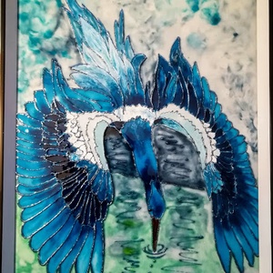   Kék villanás. Zuhanó repülés - Kék madár - Dekorációs festett üveg falikép, üvegfestmény., Művészet, Festmény, Festmény vegyes technika, Festészet, Üvegművészet, MESKA