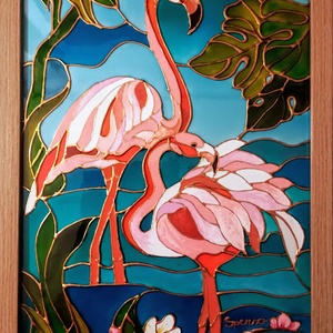 Flamingók. Színpompás, romantikus, dekorációs falikép, üvegfestmény., Művészet, Festmény, Festmény vegyes technika, Festészet, Üvegművészet, MESKA
