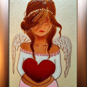 Gyógyító szív  Angyalkás kép gyerekeknek. Romantikus dekorációs falikép üvegfestmény., Művészet, Festmény, Festmény vegyes technika, Üvegművészet, Festészet, MESKA
