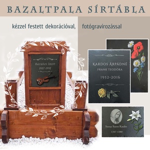 Bazaltpala sírtábla egyedi dekorációval, Otthon & Életmód, Vallás, Temetkezési tárgy, Gravírozás, pirográfia, Fotó, grafika, rajz, illusztráció, MESKA