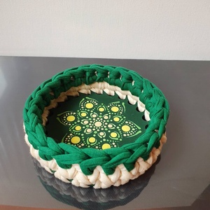 Zöld, sárga, bézs horgolt kosár mandala díszítéssel - otthon & életmód - tárolás & rendszerezés - tárolókosár - Meska.hu