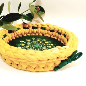 Zöld, sárga horgolt kosár, masnival,  mandala díszítéssel - Meska.hu