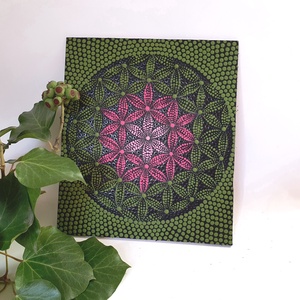 Fekete alapon oliva, rózsaszín mandala, élet virága motívummal - otthon & életmód - dekoráció - spiritualitás - mandala - Meska.hu