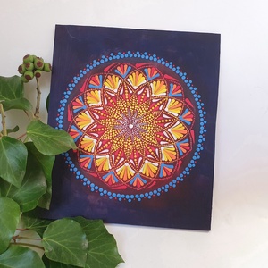 Sötétkék alapon piros, sárga és fehér mandala - otthon & életmód - dekoráció - spiritualitás - mandala - Meska.hu