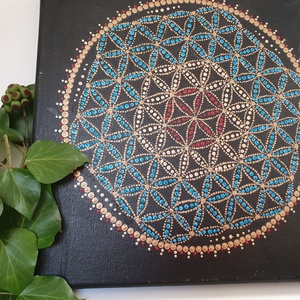Fekete alapon kék, piros, réz színű mandala, élet virága motívummal - otthon & életmód - dekoráció - spiritualitás - mandala - Meska.hu
