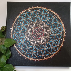 Fekete alapon kék, piros, réz színű mandala, élet virága motívummal - otthon & életmód - dekoráció - spiritualitás - mandala - Meska.hu