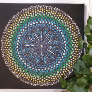 Fekete alapon zöld, kék és sárga színű mandala - otthon & életmód - dekoráció - spiritualitás - mandala - Meska.hu