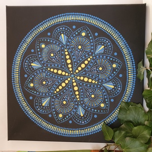Fekete alapon kék és sárga színű mandala - otthon & életmód - dekoráció - spiritualitás - mandala - Meska.hu