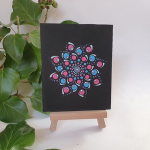 Fekete alapon kék, rózsaszín mandala, fa képtartóval - otthon & életmód - dekoráció - spiritualitás - mandala - Meska.hu