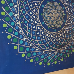Kék alapon fehér, kék, zöld és ezüst színű mandala - otthon & életmód - dekoráció - spiritualitás - mandala - Meska.hu
