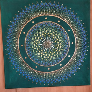 Zöld alapon fehér,sárga, kék és rézarany színű mandala - otthon & életmód - dekoráció - spiritualitás - mandala - Meska.hu
