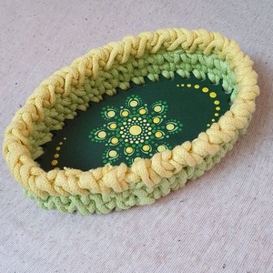 Zöld, sárga horgolt kosár mandala díszítéssel, Otthon & Életmód, Tárolás & Rendszerezés, Tárolókosár, Horgolás, Festett tárgyak, MESKA