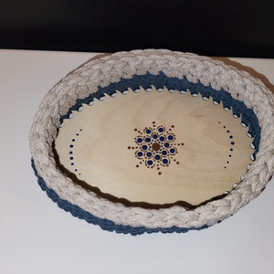 Beige és  sötétkék horgolt kosár mandala díszítéssel - otthon & életmód - tárolás & rendszerezés - tárolókosár - Meska.hu