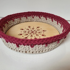 Bordó és beige horgolt kosár mandala díszítéssel, Húsvétra tojás- , csokigyűjtéshez  - Meska.hu