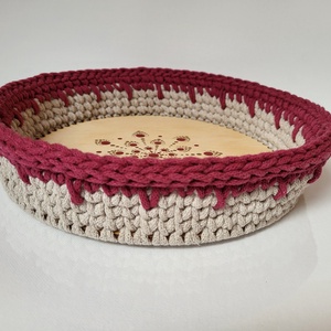 Bordó és beige horgolt kosár mandala díszítéssel, Húsvétra tojás- , csokigyűjtéshez  - otthon & életmód - tárolás & rendszerezés - tárolókosár - Meska.hu