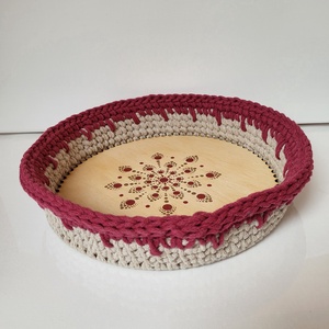 Bordó és beige horgolt kosár mandala díszítéssel, Húsvétra tojás- , csokigyűjtéshez  - otthon & életmód - tárolás & rendszerezés - tárolókosár - Meska.hu