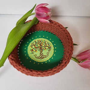 Barna horgolt kosár életfa mandala díszítéssel, Húsvétra tojás- , csokigyűjtéshez  - otthon & életmód - tárolás & rendszerezés - tárolókosár - Meska.hu