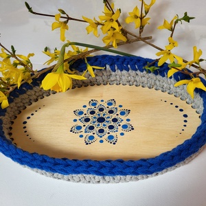 Kék, homok horgolt kosár mandala díszítéssel, Húsvétra tojás- , csokigyűjtéshez  - otthon & életmód - tárolás & rendszerezés - tárolókosár - Meska.hu
