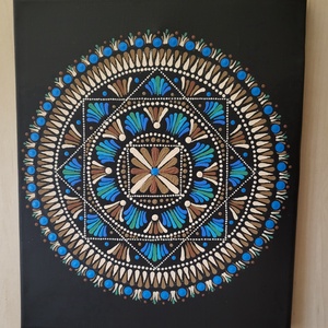 Fekete alapon kék, barna és bézs színű mandala, Művészet, Festmény, Akril, Festészet, Meska