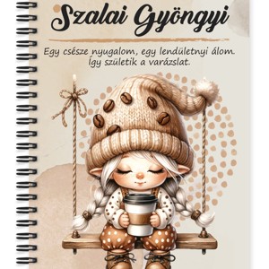 Személyre szabható - Hintázó kávés manó lány mintás A6-os füzet, Otthon & Életmód, Papír, írószer, Jegyzetfüzet & Napló, , MESKA