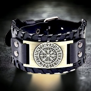 Fekete gótikus Vegvisir  bőr karkötő, Ékszer, Karkötő, Széles karkötő, Bőrművesség, MESKA