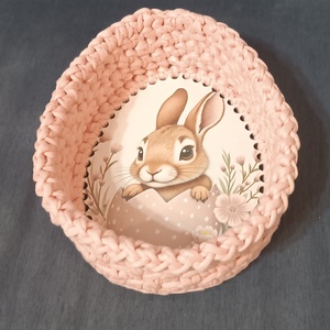 Nyuszi mintás , tojás alakú horgolt  kosár Húsvétra  - otthon & életmód - tárolás & rendszerezés - tárolókosár - Meska.hu