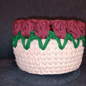 Tulipán mintás horgolt  kosár Anyák Napjára  - otthon & életmód - tárolás & rendszerezés - tárolókosár - Meska.hu