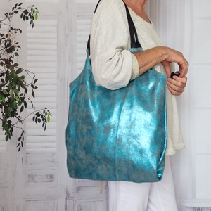 Metál türkiz olasz bőr válltáska � Exkluzív Mastrotto valódi bőr shopper, boho luxus női táska - táska & tok - kézitáska & válltáska - nagy pakolós táska - Meska.hu