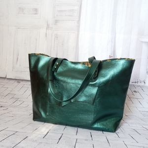 Metál sötétzöld valódi bőr tote táska � Olasz marhabőr válltáska, nagy méretű shopper külső zsebbel - táska & tok - kézitáska & válltáska - nagy pakolós táska - Meska.hu